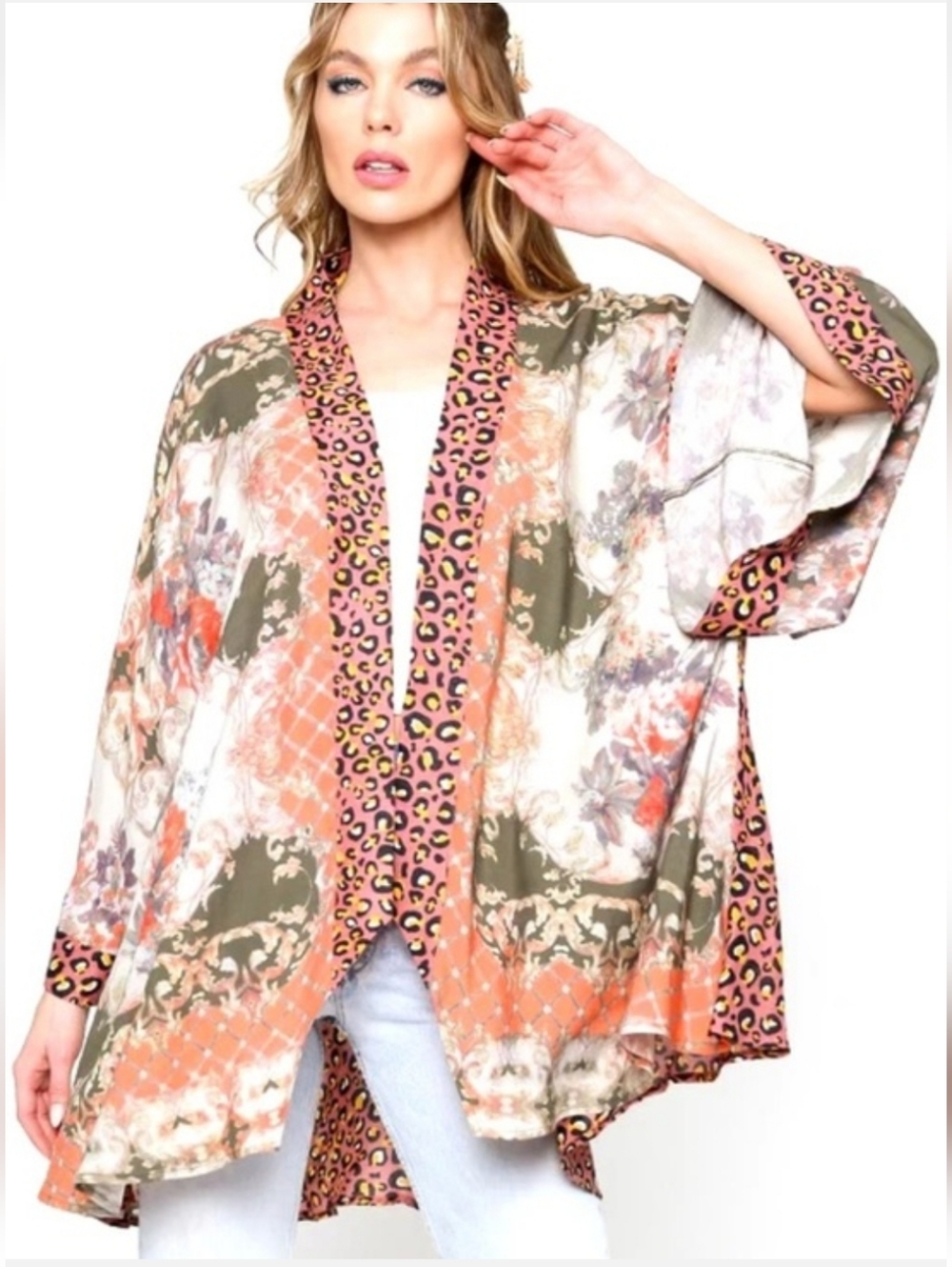 Aratta Silent Journey Mixed Print Kimono In Animal Abstract Size S/M